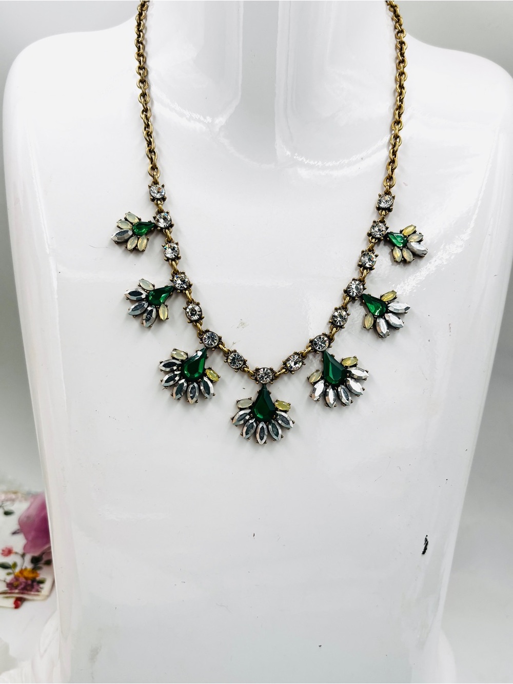 J.Crew vintage Gold tone Emerald crystal flower statement necklace